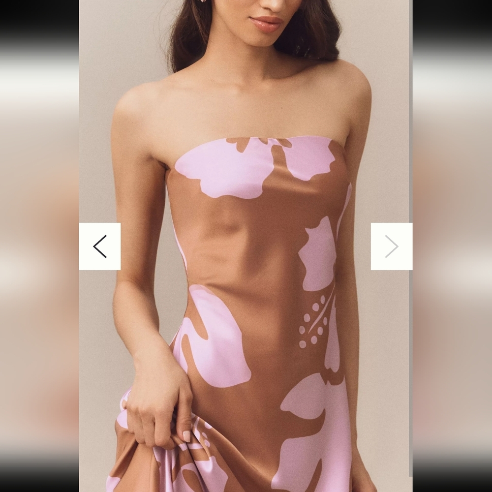 New Hutch Elegant Strapless Column Satin Brown and Pink Floral Dress - Picture 3 of 6